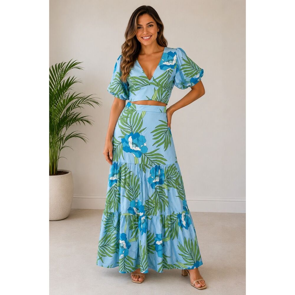 CHICWAYS Blue Tropical Floral Two Piece Crop Top Maxi Skirt Set Puff Sleeve Sz S